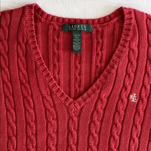 Ralph Lauren Cable Knit Red V-Neck Pullover Sweater 100% cotton Size XS